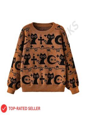 Goth Cartoon Pattern Sweater Knit Pullover Top Long Sleeve Crew Neck Loose Fit